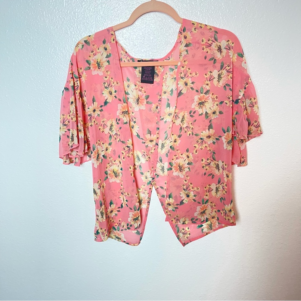 Xtraordinary pink floral sheer kimono cardigan size L
